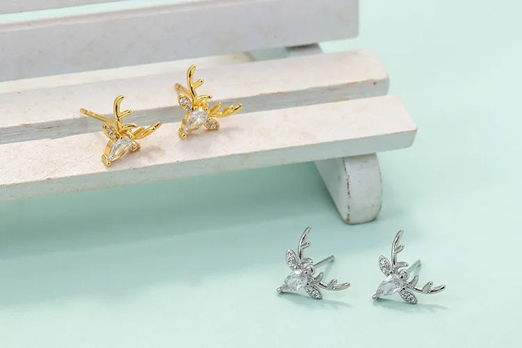 Korean Giraffe Elk Earrings Antlers Copper Zircon Earrings