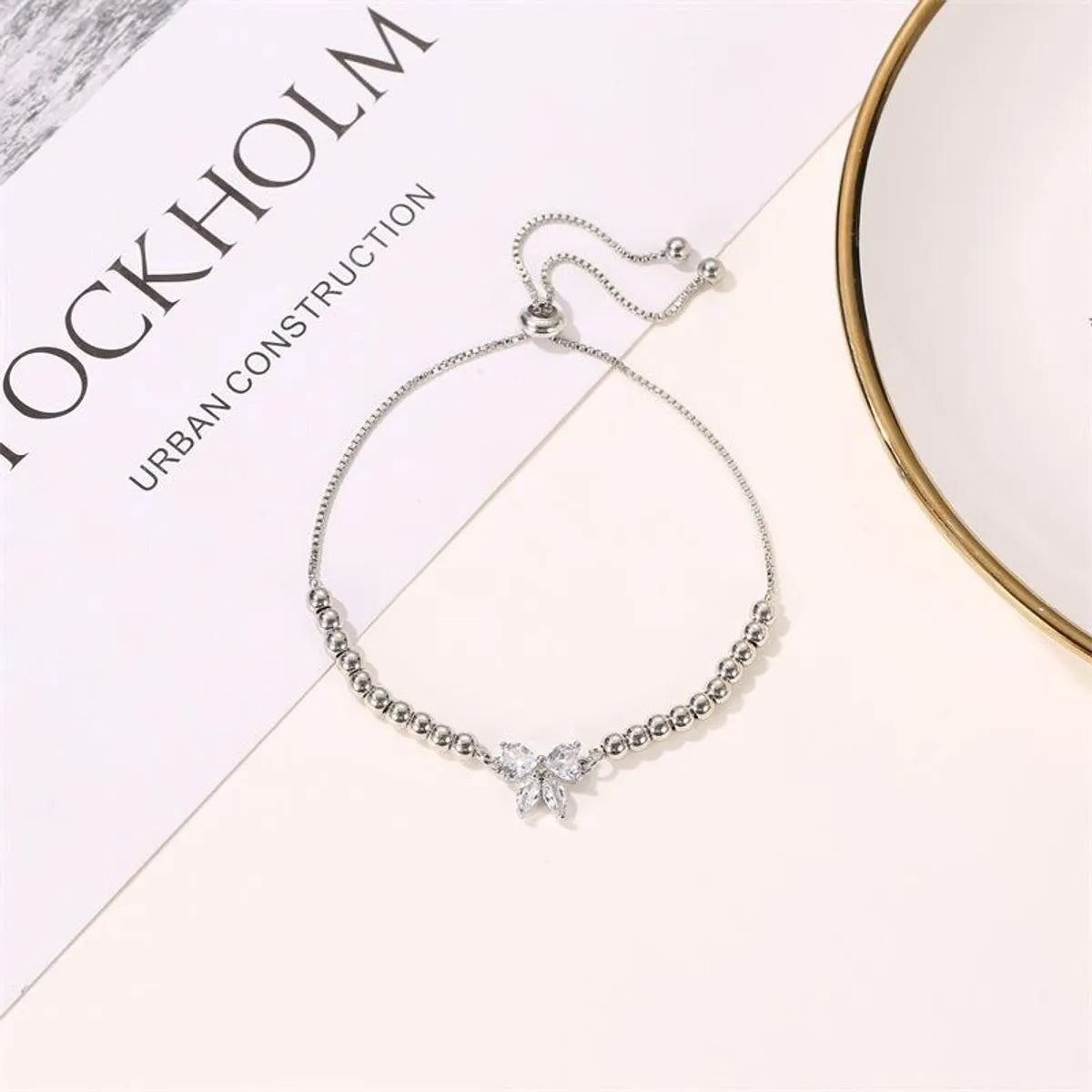 Korean New Fashion Literary Sweet Beaded Adjustable Micro-set Zircon Bow Bracelet