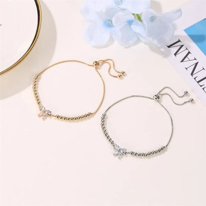 Korean New Fashion Literary Sweet Beaded Adjustable Micro-set Zircon Bow Bracelet