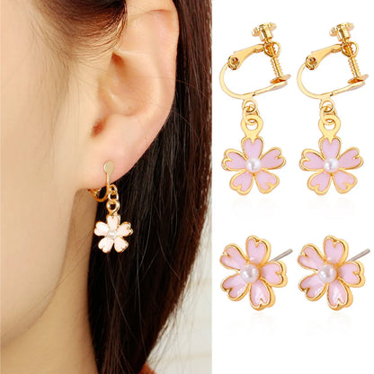 Korean Oil Pink Cherry Blossom Pearl Earrings Korean Shamrock Earring Wholesale Gooddiy