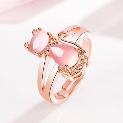 Korean Pink Crystal Cat Ring Female Diamond Hibiscus Stone Cat Open Fashion Ring