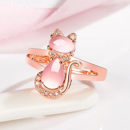 Korean Pink Crystal Cat Ring Female Diamond Hibiscus Stone Cat Open Fashion Ring