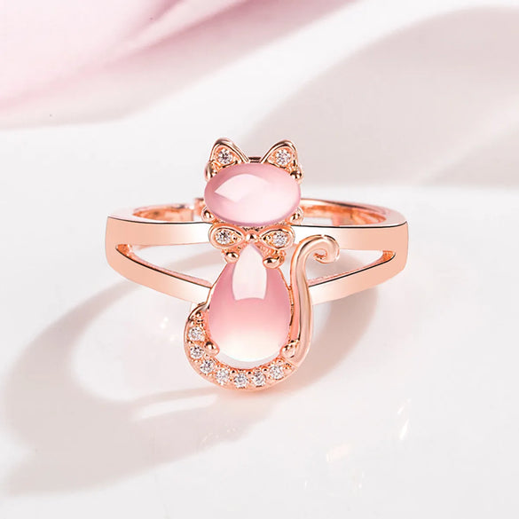 Korean Pink Crystal Cat Ring Female Diamond Hibiscus Stone Cat Open Fashion Ring