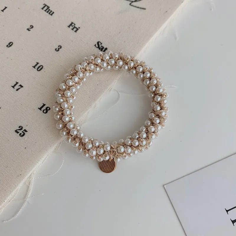 Korean Simple Crystal Hair Loop Winding Pearl Braided Rubber Band High Elastic Hair Rope Wholesale