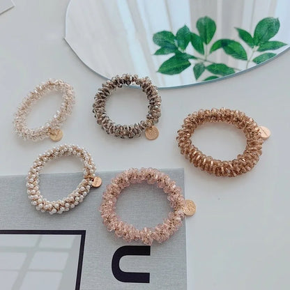 Korean Simple Crystal Hair Loop Winding Pearl Braided Rubber Band High Elastic Hair Rope Wholesale