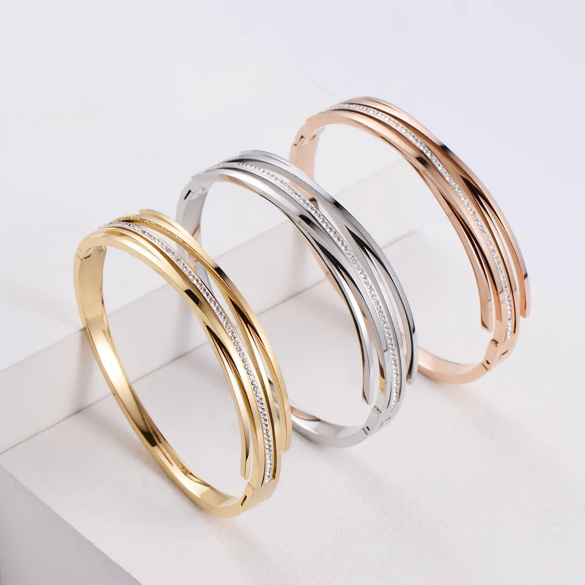 Korean Simple Stainless Steel Striped Three-color Rhinestone Bracelet Wholesale Gooddiy