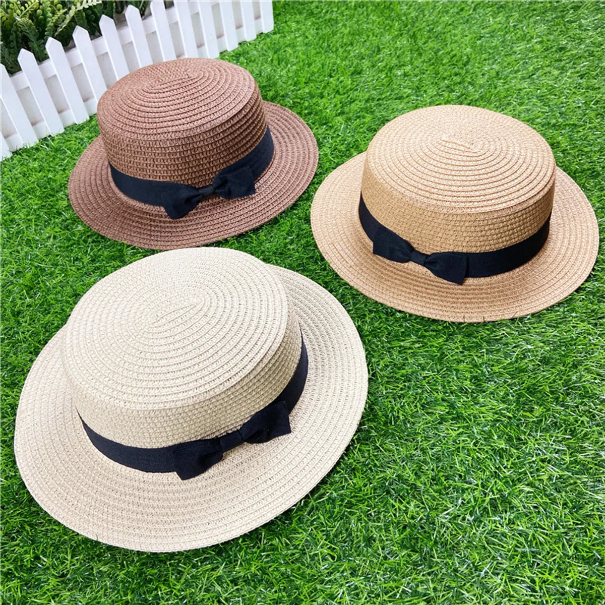 Korean Straw Hat Shading Hat Summer Flat-Brimmed Bow Straw Flat Top Hat