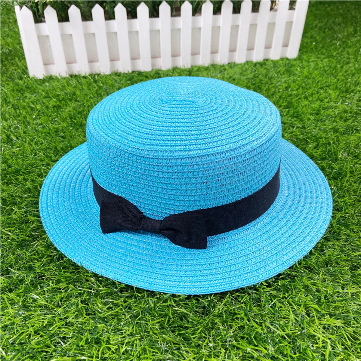 Korean Straw Hat Shading Hat Summer Flat-Brimmed Bow Straw Flat Top Hat