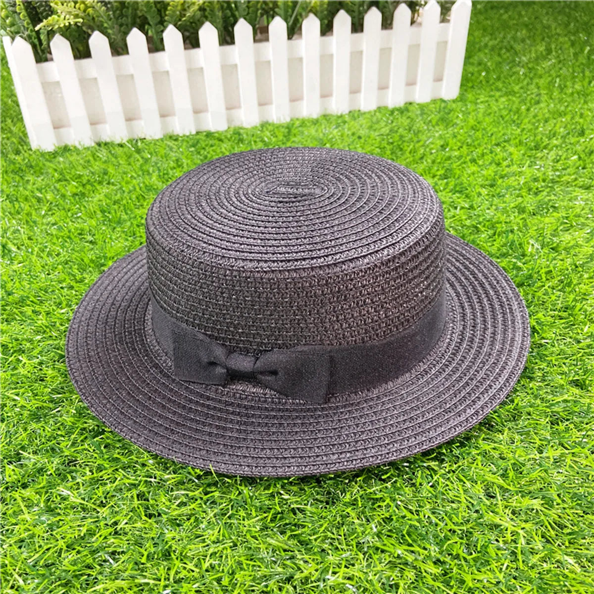 Korean Straw Hat Shading Hat Summer Flat-Brimmed Bow Straw Flat Top Hat