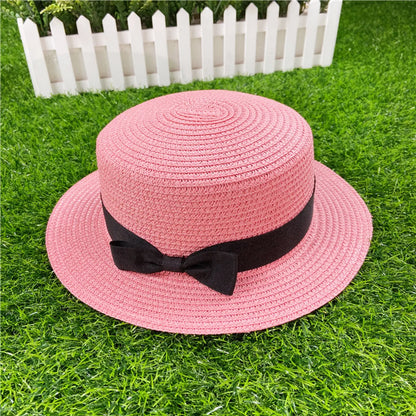 Korean Straw Hat Shading Hat Summer Flat-Brimmed Bow Straw Flat Top Hat