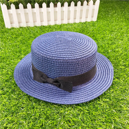 Korean Straw Hat Shading Hat Summer Flat-Brimmed Bow Straw Flat Top Hat