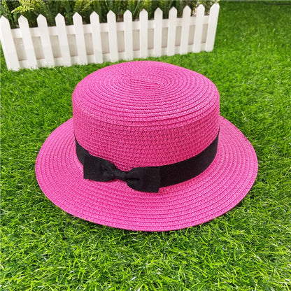 Korean Straw Hat Shading Hat Summer Flat-Brimmed Bow Straw Flat Top Hat