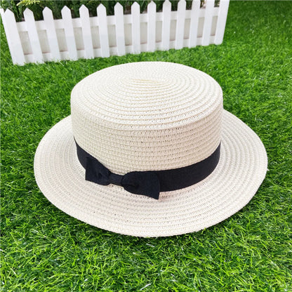 Korean Straw Hat Shading Hat Summer Flat-Brimmed Bow Straw Flat Top Hat