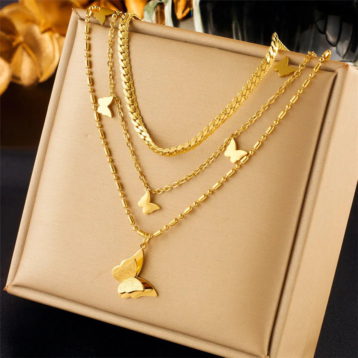 Korean Style Butterfly Titanium Steel Layered Plating 18k Gold Plated Layered Necklaces