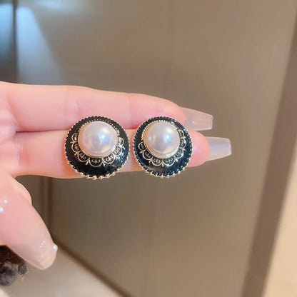 Korean Style Circle Alloy Enamel Inlay Artificial Pearls Women's Ear Studs