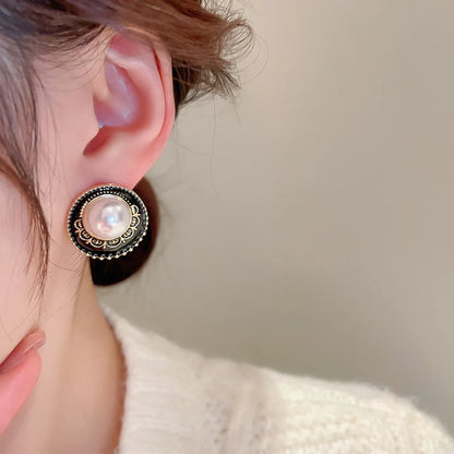 Korean Style Circle Alloy Enamel Inlay Artificial Pearls Women's Ear Studs