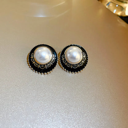 Korean Style Circle Alloy Enamel Inlay Artificial Pearls Women's Ear Studs