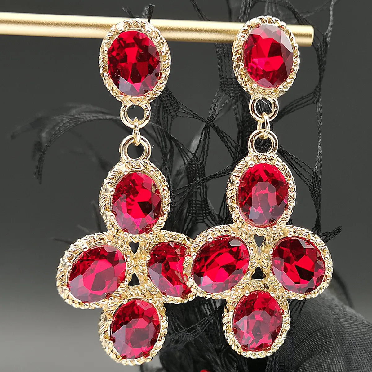 Korean Style Fashion Chinese Ruby Bridal Earrings Party Evening Dress Accessories Long Drop Crystal Earrings