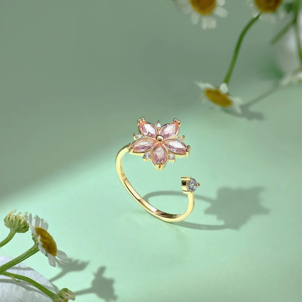 Korean Style Flower Sterling Silver Plating Inlay Zircon Open Rings