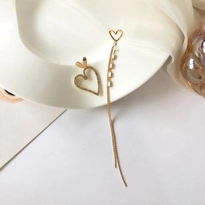 Korean Style Heart Shape Asymmetrical Long Tassel Diamond Earrings