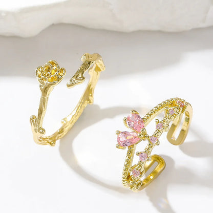 Korean Style Heart Shape Copper Plating Inlay Zircon Gold Plated Open Rings