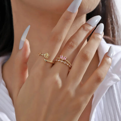 Korean Style Heart Shape Copper Plating Inlay Zircon Gold Plated Open Rings