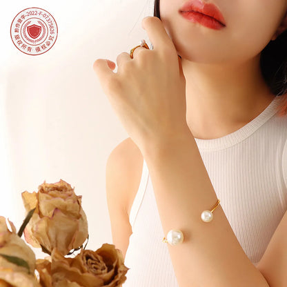 Korean Style Imitation Pearl Opening Bracelet Titanium Steel Plated 18k Gold Jewelry Wholesale