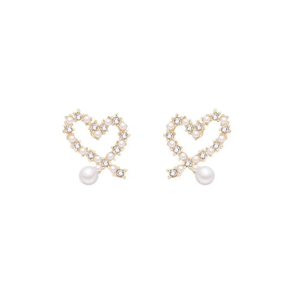 Korean Style Pearl Full Diamond Heart-shaped Small Earrings