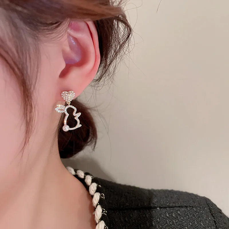 Korean Style Rabbit Alloy Inlay Artificial Gemstones Women'S Drop Earrings