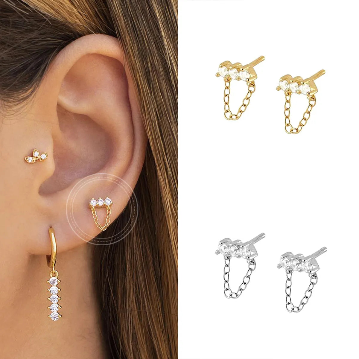 Korean Style Simple Three Zircon Hanging Ear Chain Earrings Temperament Party Ear Jewelry