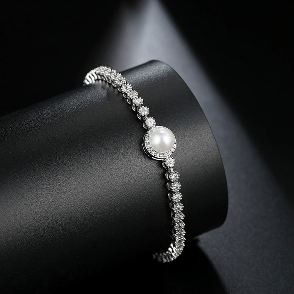 Korean Style Women's Copper Bracelet With Pearl Shell Beads And Zircon Geometric Design Fashion Simple All Match Jewelry