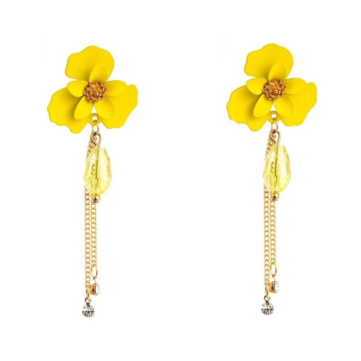 Korean Summer New Fashion Flower Crystal Long Tassel Alloy Diamond Earrings