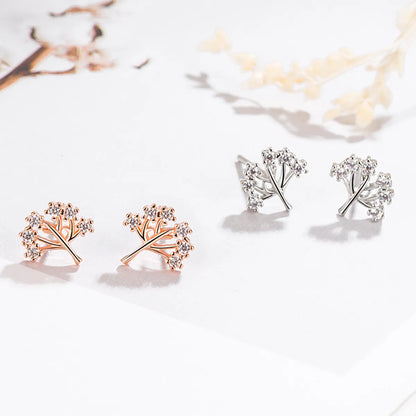 Korean Version Of Cute Silver-Plated Tree Of Life Earrings Plant Full Of Diamonds Tree Of Life Earrings