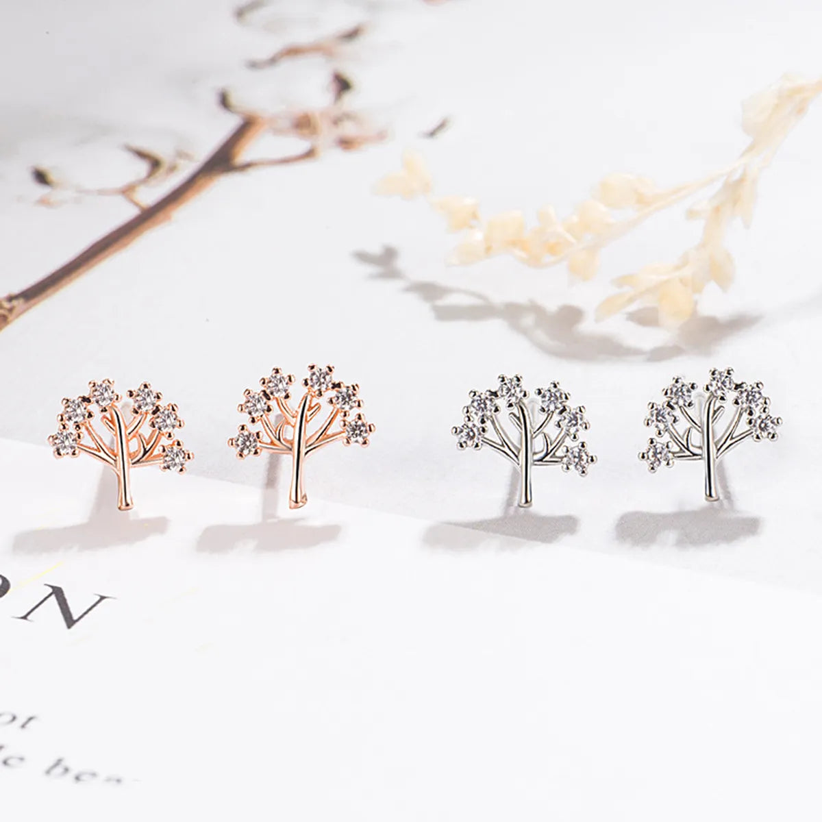 Korean Version Of Cute Silver-Plated Tree Of Life Earrings Plant Full Of Diamonds Tree Of Life Earrings