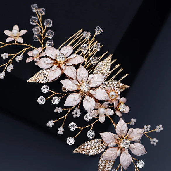 Korean Wedding  Bridal  Flower Pearl Insert  Handmade Crystal  Plate Hair Comb