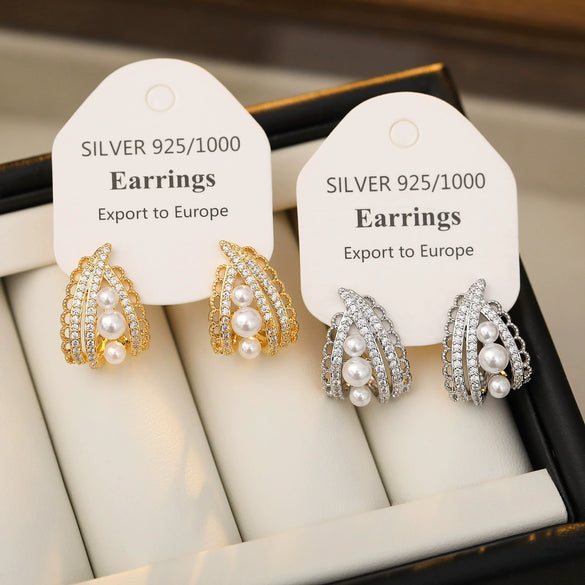 Lace Pearl Geometric Copper Earrings With Electroplating For Women
