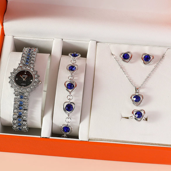 Ladies Alloy And Stainless Steel Leisure Round Dial Quartz Watch And Jewelry Set