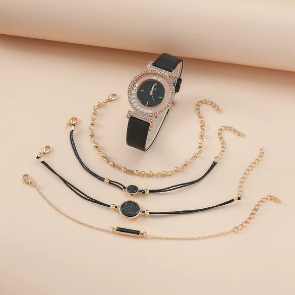 Ladies Alloy Case Imitation Leather Strap Round Dial Diamond Watch