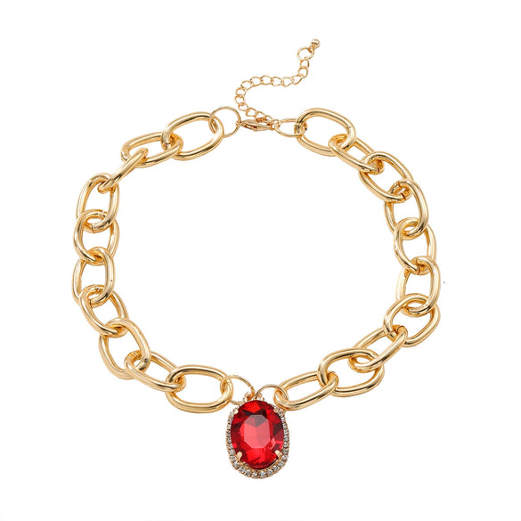 Ladies Alloy Chain With Multicolor Gem And Geometric Rhinestone Pendant Necklace Diamond Design