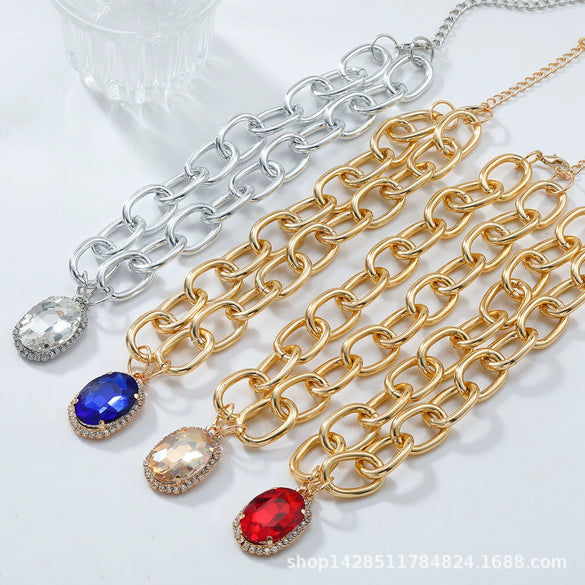 Ladies Alloy Chain With Multicolor Gem And Geometric Rhinestone Pendant Necklace Diamond Design