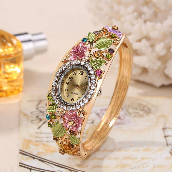Ladies Alloy Cloisonn¨¦ Flowery Retro Palace Style Quartz Watch Bracelet With Oval Dial