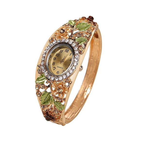 Ladies Alloy Cloisonn¨¦ Flowery Retro Palace Style Quartz Watch Bracelet With Oval Dial