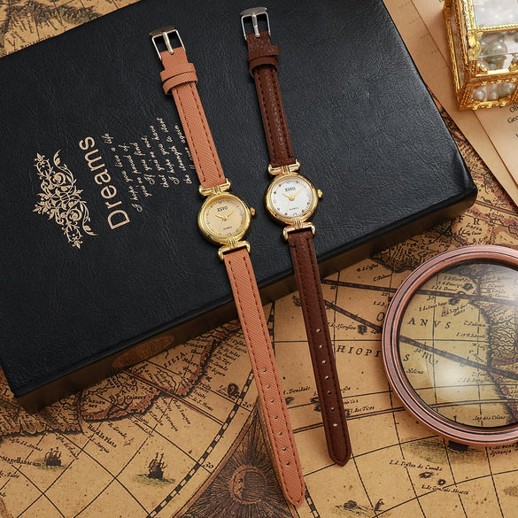 Ladies Alloy Imitation Leather Quartz Watch With Round Dial And Pin Buckle