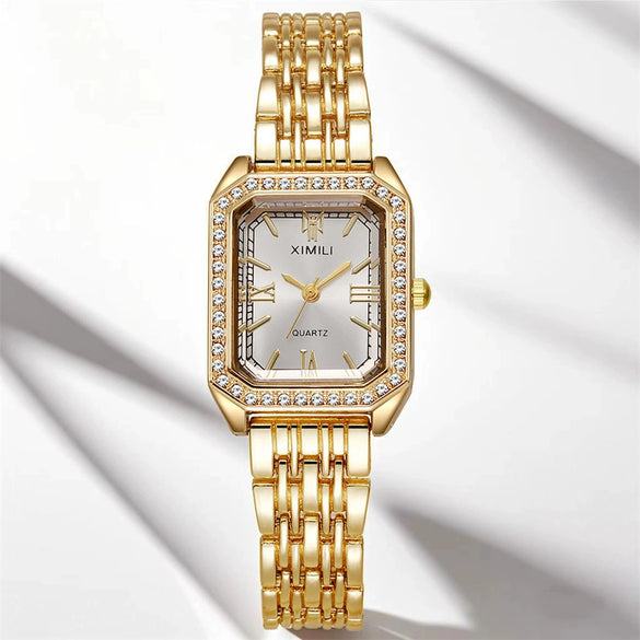 Ladies Alloy Quartz Watch With Diamond Encrusted And Round Dial Leisure Style