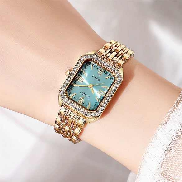 Ladies Alloy Quartz Watch With Diamond Encrusted And Round Dial Leisure Style