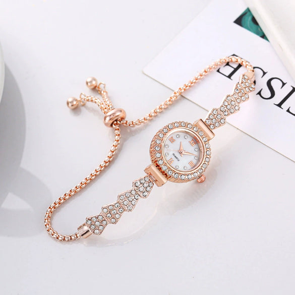 Ladies Alloy Round Quartz Watch With Diamond Fashionable Style And Pull Rope Buckle And Spiral Crown