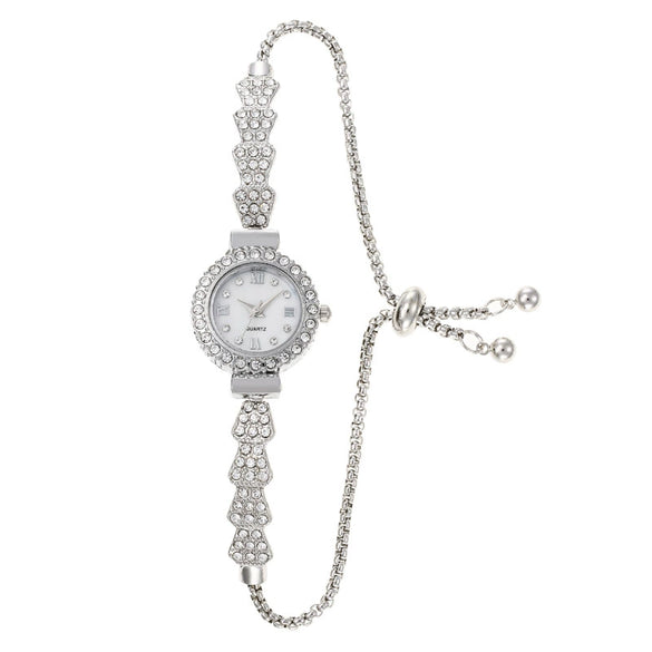 Ladies Alloy Round Quartz Watch With Diamond Fashionable Style And Pull Rope Buckle And Spiral Crown