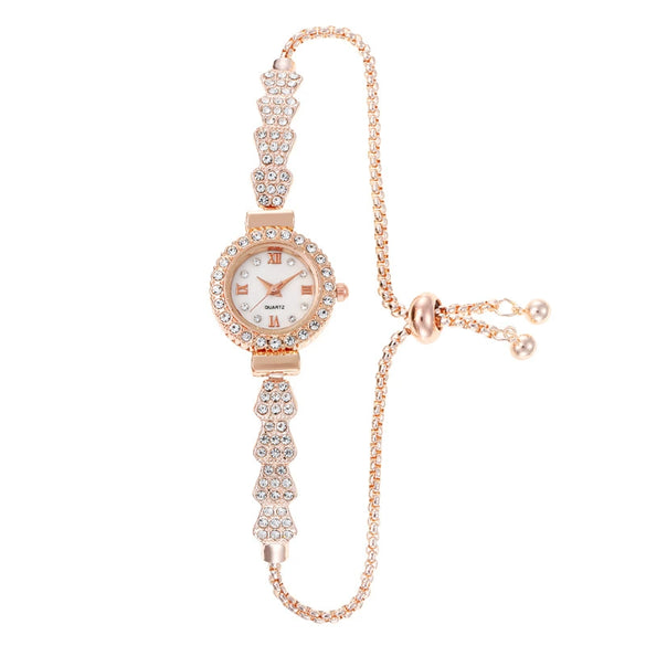 Ladies Alloy Round Quartz Watch With Diamond Fashionable Style And Pull Rope Buckle And Spiral Crown