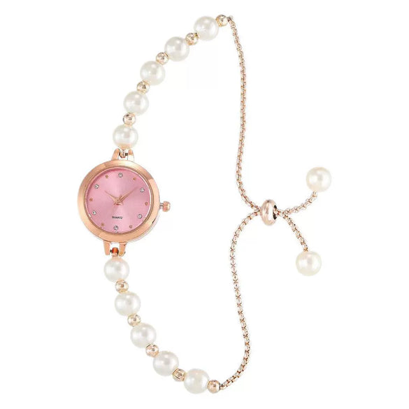Ladies Alloy Strap Round Dial Quartz Watch With Pearl Decor And Fashion Style