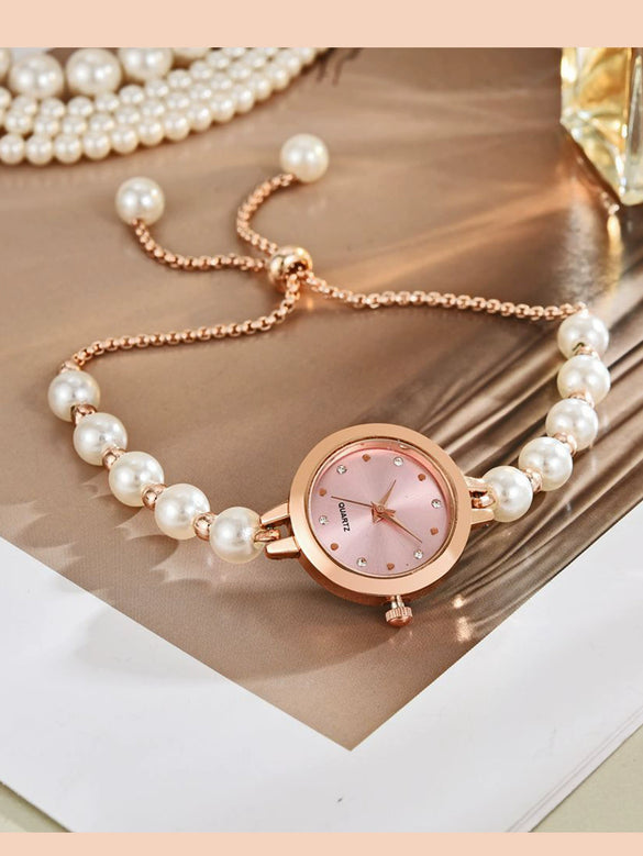 Ladies Alloy Strap Round Dial Quartz Watch With Pearl Decor And Fashion Style